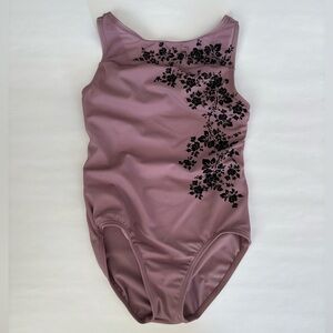 Mauve Kids Leotard with Pretty Velvet Floral Details